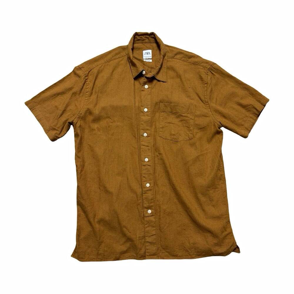 ZARA Button-Up Shirt Men’s XL Brown Solid Short Sleeve Relaxed Cotton Linen
